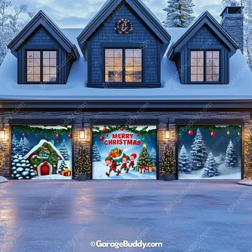 Elf Village | Christmas Garage Door Cover - Free Shipping