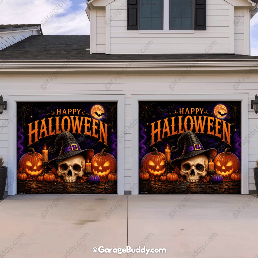 Wicked Halloween (Glow) | Skull & Pumpkin Halloween Garage Door Cover - Free Shipping