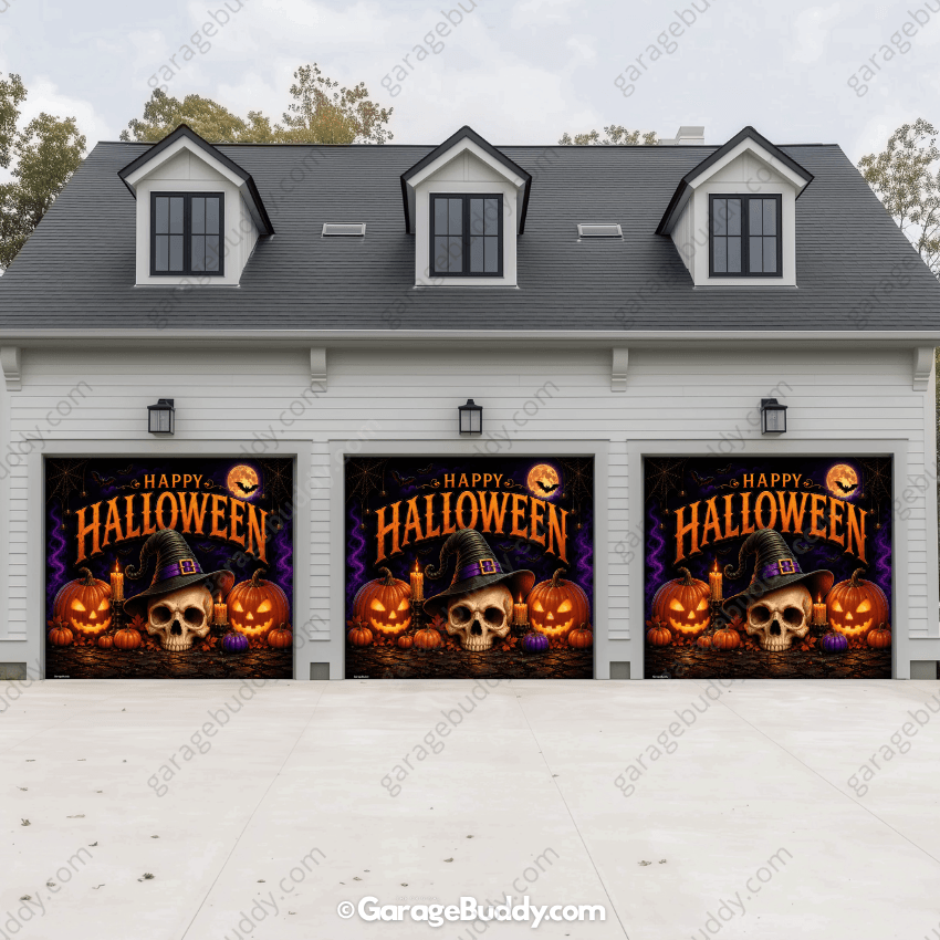 Wicked Halloween (Glow) | Skull & Pumpkin Halloween Garage Door Cover - Free Shipping