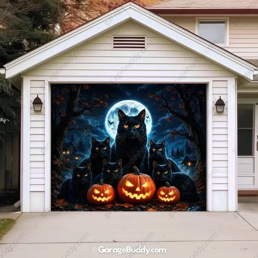 Witching Whiskers (Glow)| Black Cat Halloween Garage Door Cover - Free Shipping