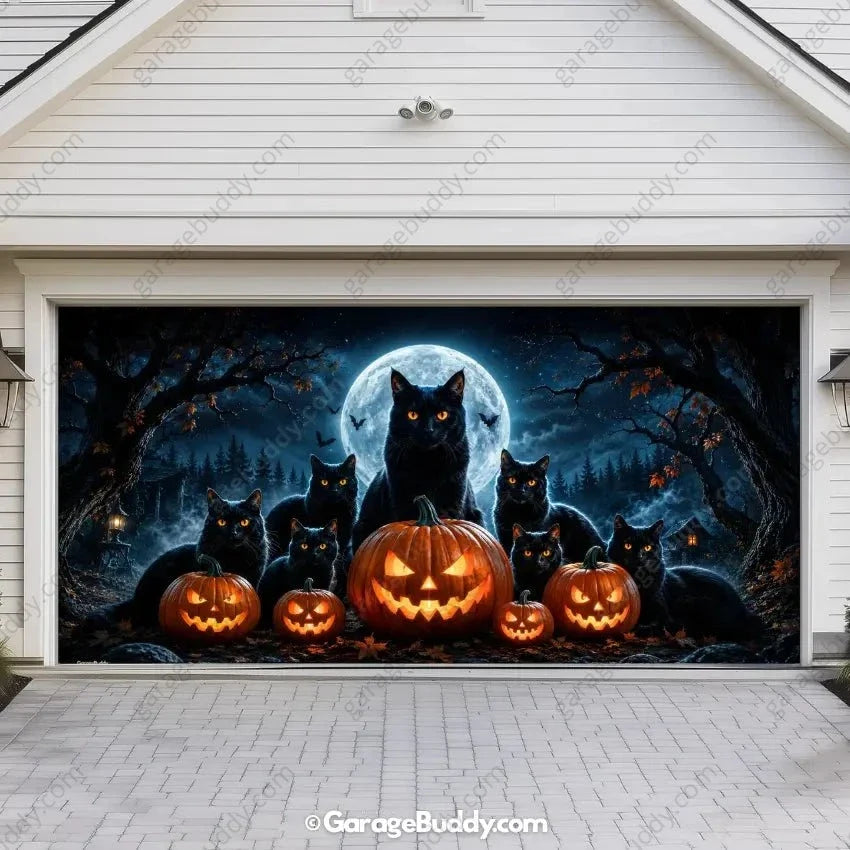 Witching Whiskers | Black Cat Halloween Garage Door Cover - Free Shipping