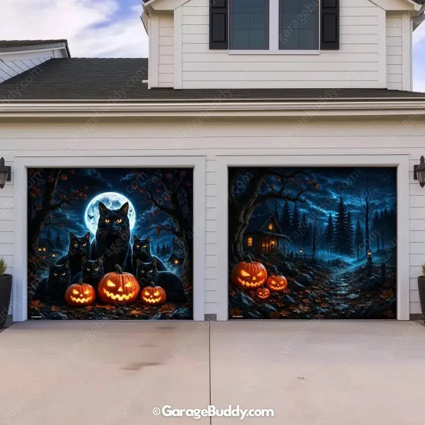 Witching Whiskers (Glow)| Black Cat Halloween Garage Door Cover - Free Shipping