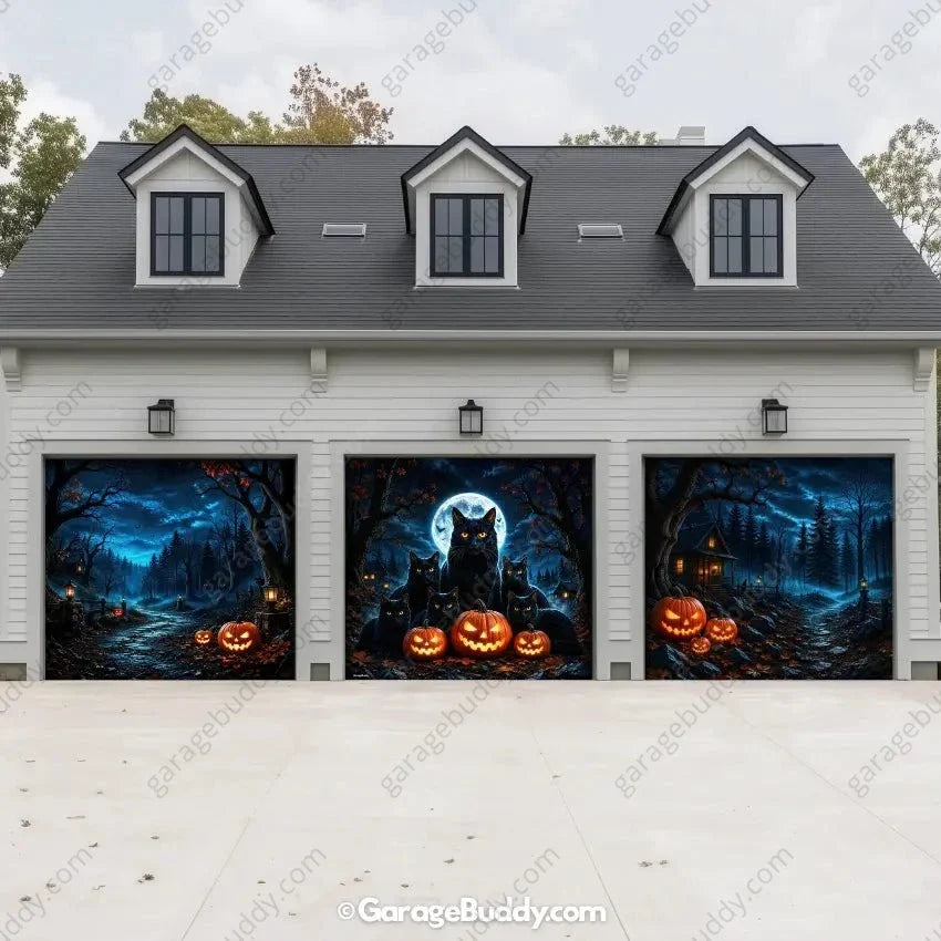 Witching Whiskers | Black Cat Halloween Garage Door Cover - Free Shipping
