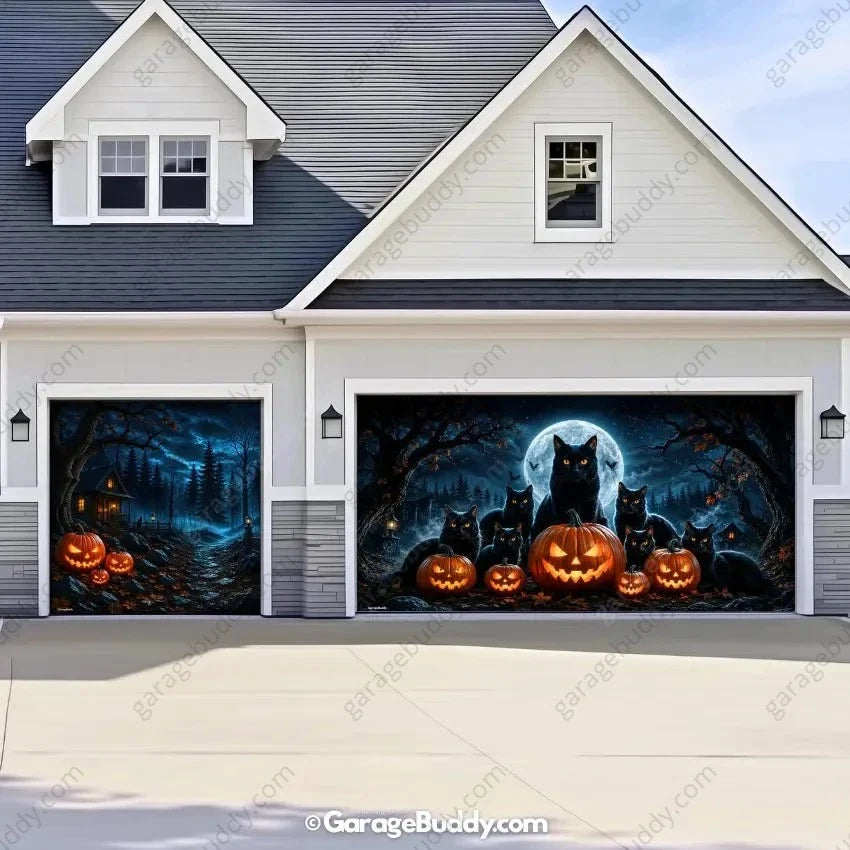 Witching Whiskers | Black Cat Halloween Garage Door Cover - Free Shipping