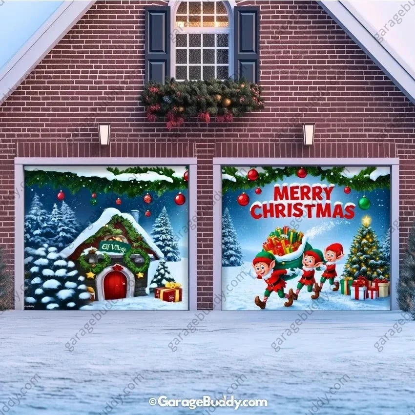 Elf Village | Christmas Garage Door Cover - Free Shipping