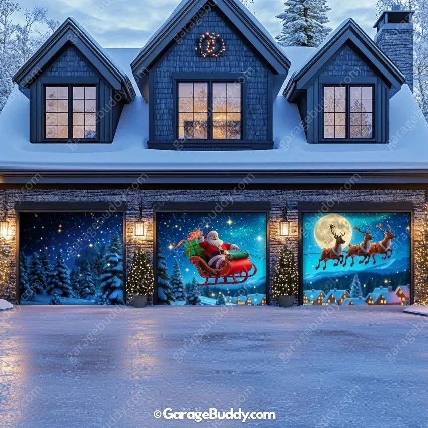 Santa's Flight (Glow) | Christmas Garage Door Cover - Free Shipping