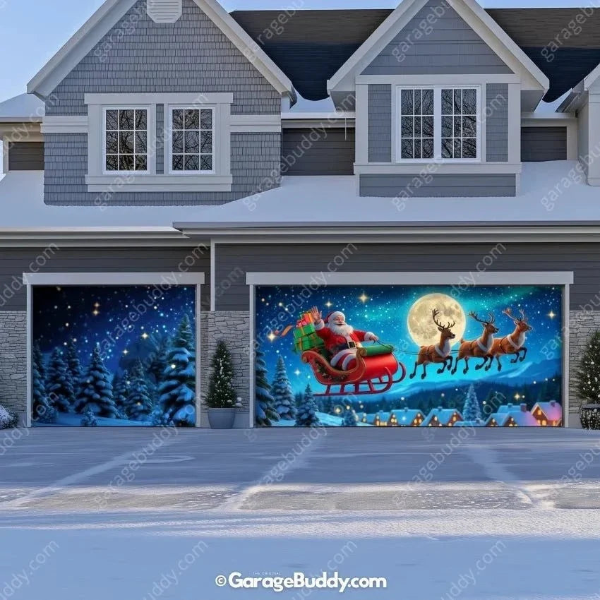 Santa's Flight (Glow) | Christmas Garage Door Cover - Free Shipping