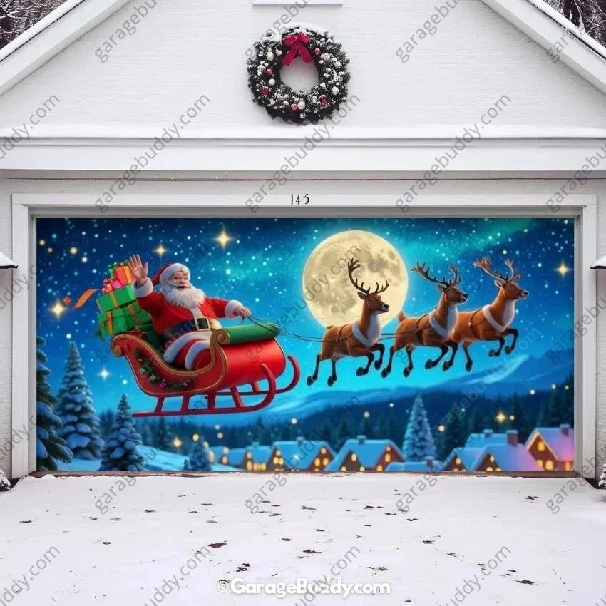 Santa's Flight (Glow) | Christmas Garage Door Cover - Free Shipping
