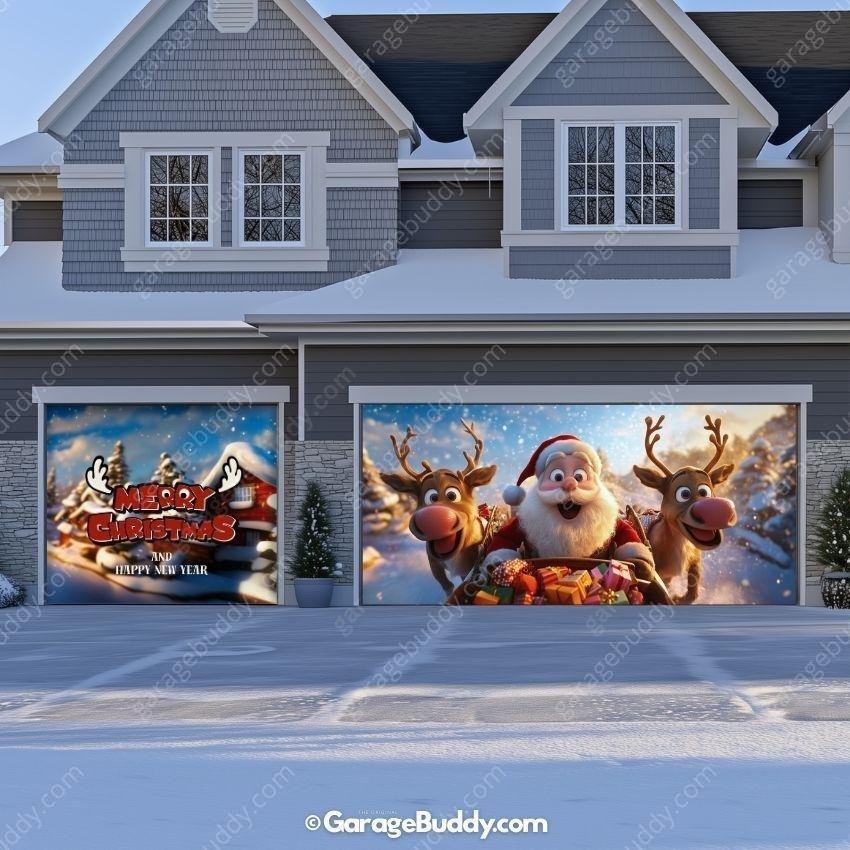 Santa & Reindeers | Christmas Garage Door Cover - Free Shipping