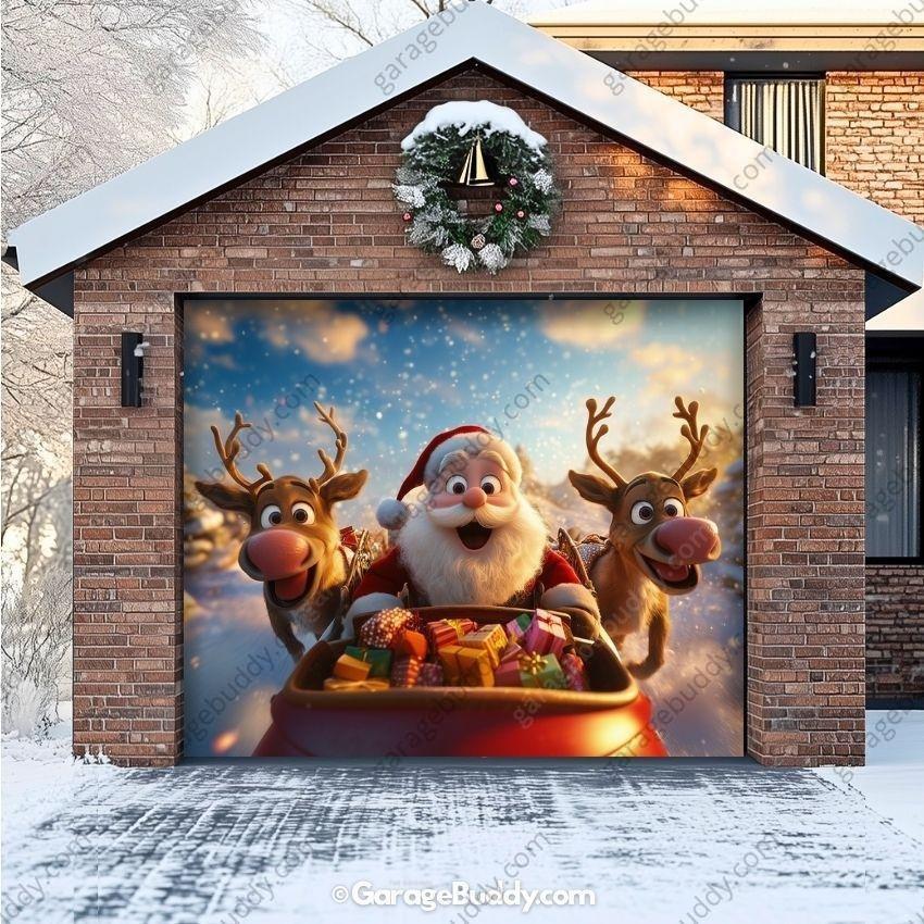Santa & Reindeers | Christmas Garage Door Cover - Free Shipping