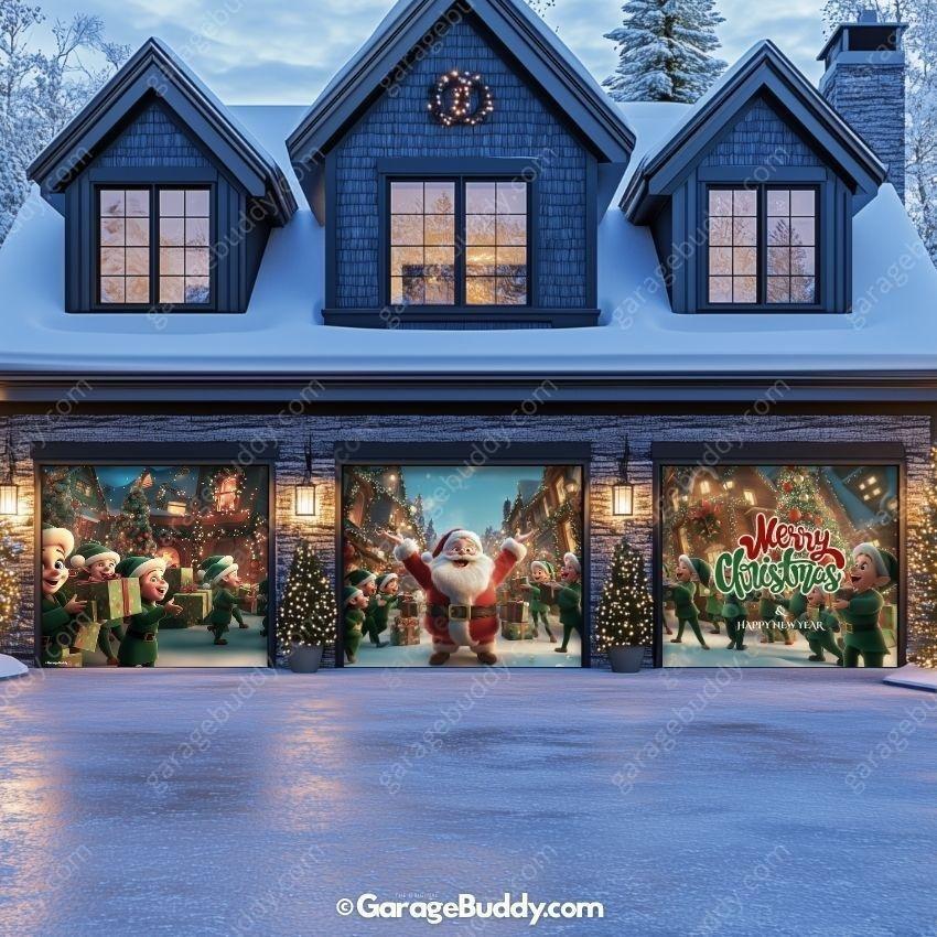 Santa And Elves | Christmas Garage Door Cover - Free Shipping