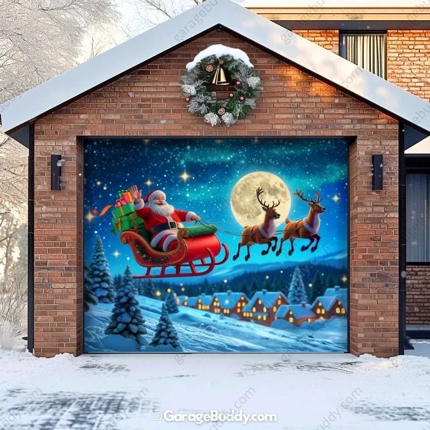 Santa's Flight (Glow) | Christmas Garage Door Cover - Free Shipping